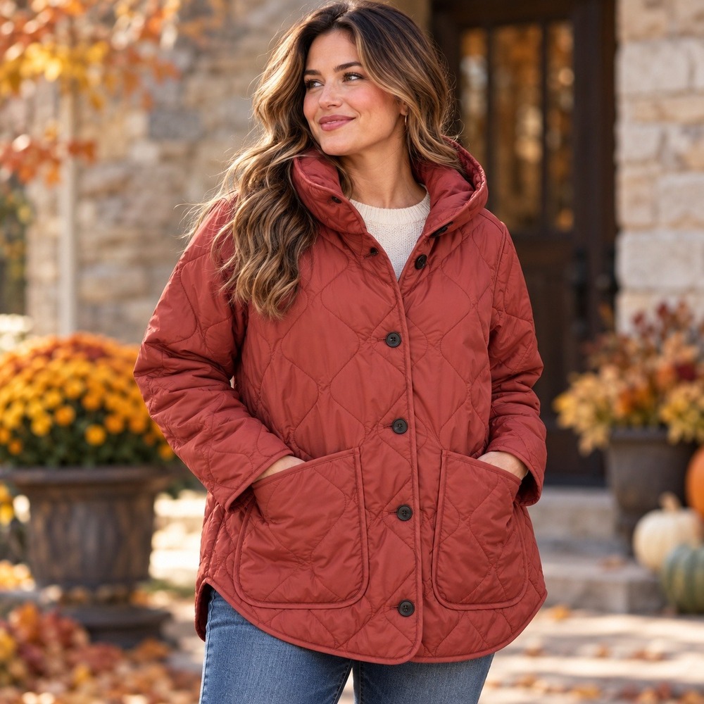 Old Navy Womens Quilted Jacket Large Rust Liner Hooded Button Up Pockets